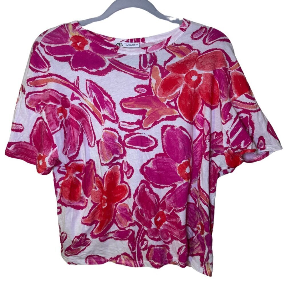 Zara Tshirt Floral Short Sleeve Pink and Orange L